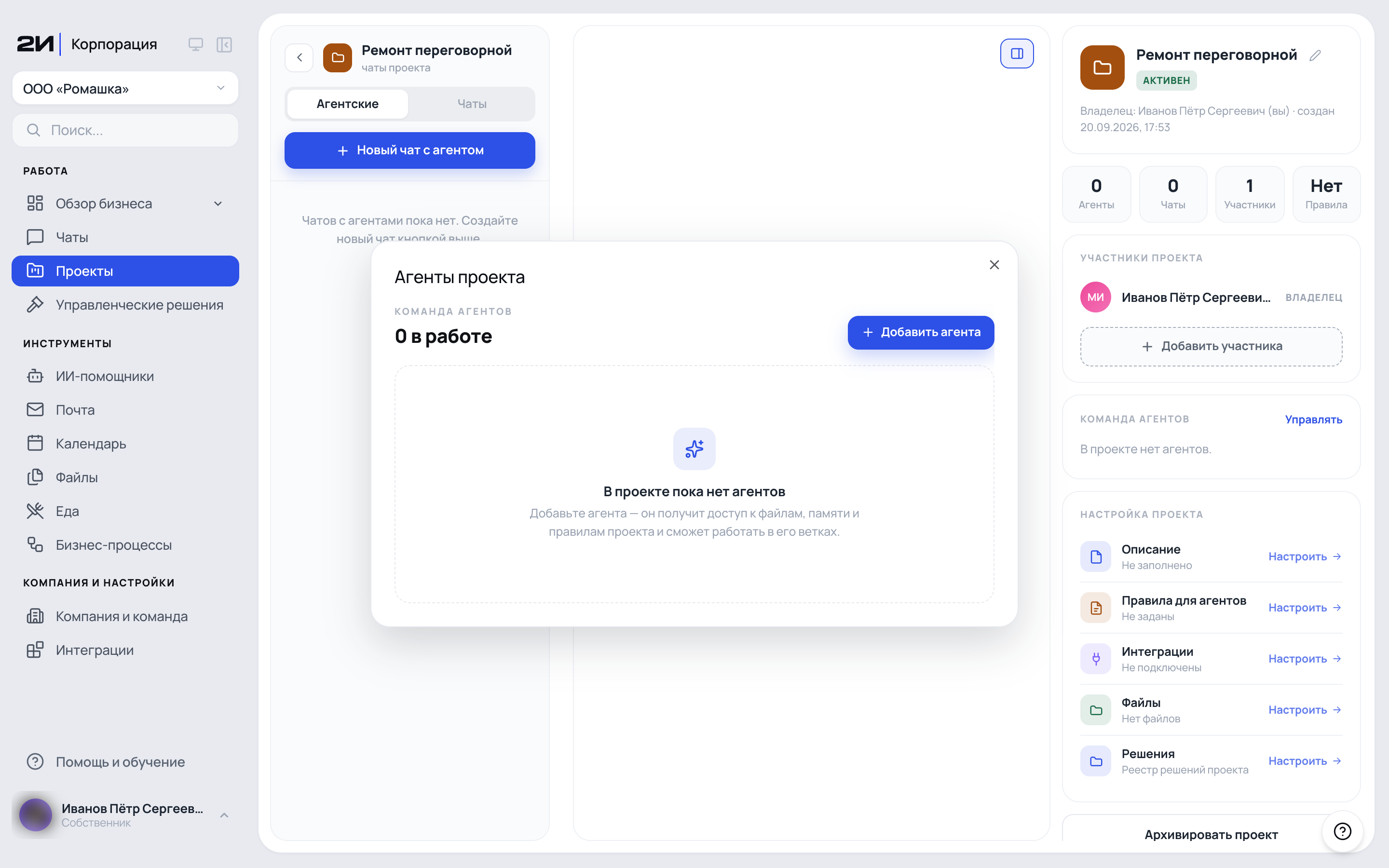 Окно «Агенты проекта»